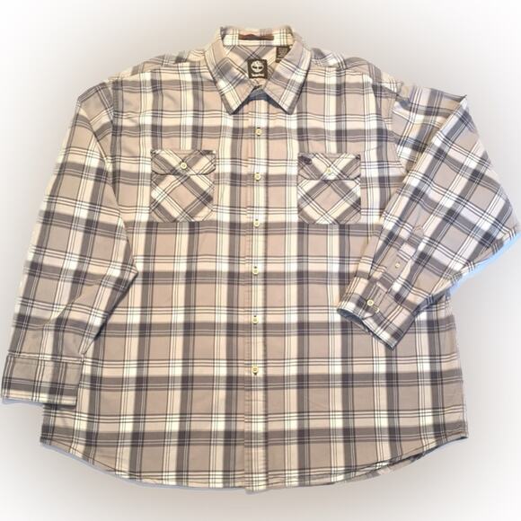 TIMBERLAND Mens Shirt 2XL Brown Tan Plaid 100% Cotton Long Button Front Outdoor - Picture 1 of 12